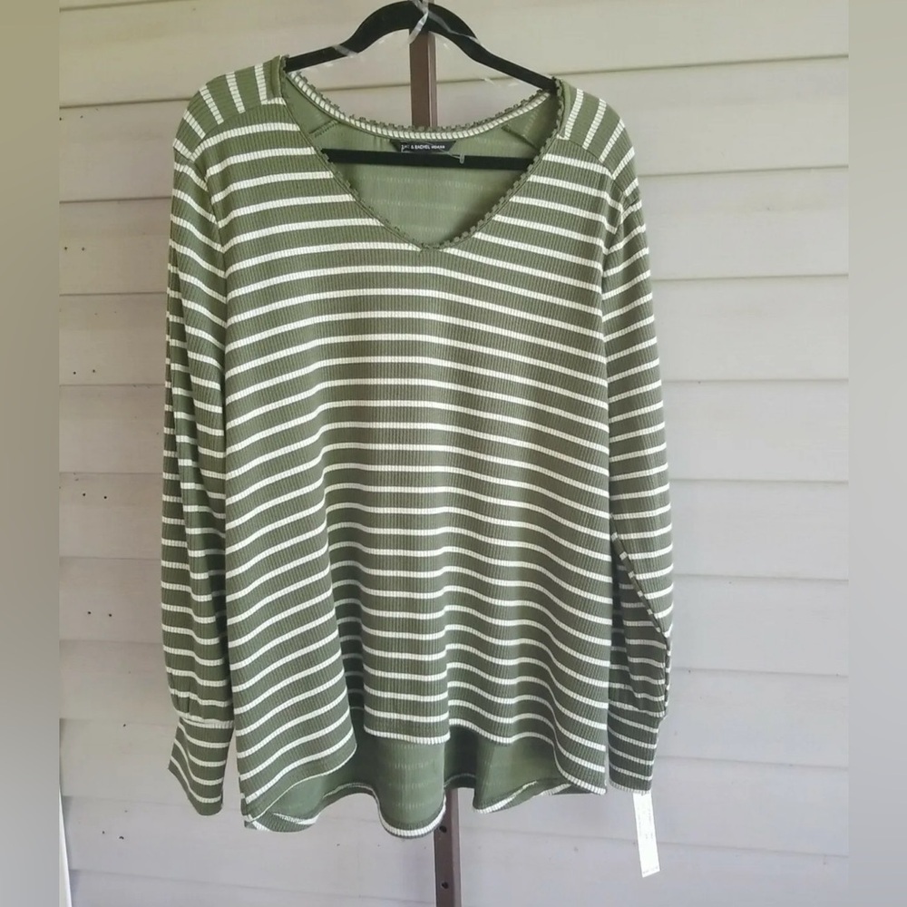 Zac & Rachel Ribbed Blouse Sweater 2X Plus Size Long Sleeve Green Striped